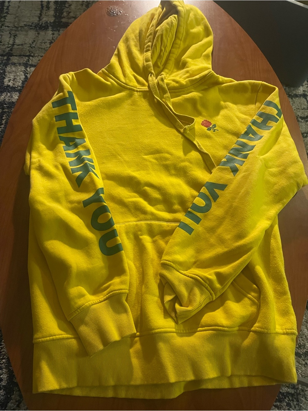 Yellow Hooded Sweatshirt with Sleeve 'Thank You' Print
